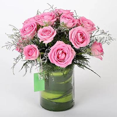 15 Pink Roses Vase Arrangement