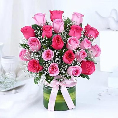 Beautiful Pink Roses Glass Vase Arrangement