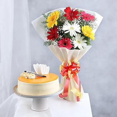 Colourful Gerberas N Butterscotch Cake Combo