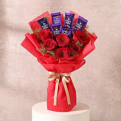 Passionate Red Roses Bouquet with Dairy Milk Chocolates
