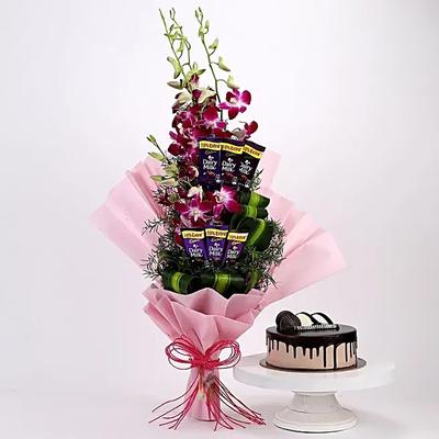 Purple Orchids Posy Chocolate Cake
