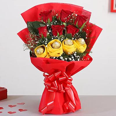 Red Roses Bouquet Ferrero Rocher Chocolates
