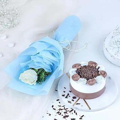 Serene Vibes White Rose N Cake Gift