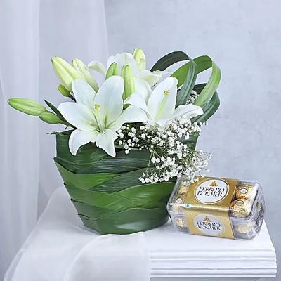 Serene White Lilies And Chocolates Combo